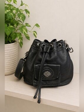 Harley-Davidson Vintage‎ Black Leather Bucket Bag Bikercore Edgy Streetwear Moto
